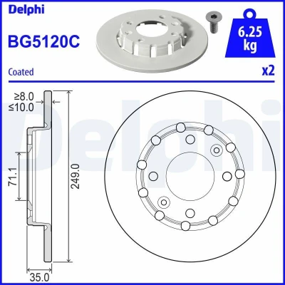 Imagen de DELPHI BG5120C Disco de freno 249 10 4 macizo revestido sin procesar cojinete rueda, anillo sensor ABS PEUGEOT: 208 II Hatchback, 2008