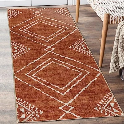Imagen de ReaLife Alfombra ecológica lavable a máquina, resistente las manchas, antideslizante, de fibras recicladas primera calidad, no desprende fibras, estilo diamante marroquí, naranja, 80 x 183 cm