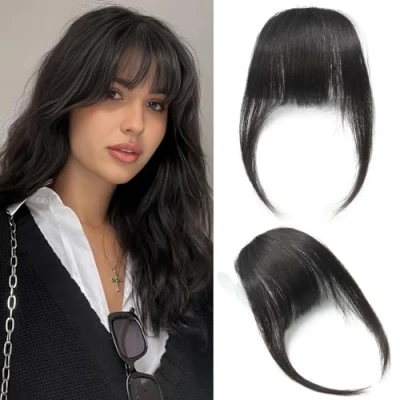Imagen de Flequillo de Cabello Humano Real Plano Clip en Extensiones con Patillas, Color Negro Natural