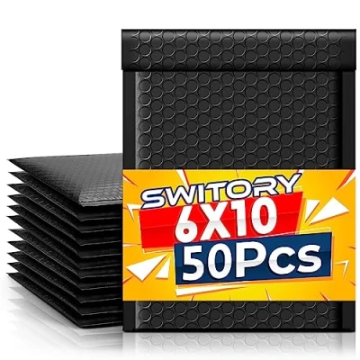 Imagen de Switory Sobre acolchado A5 Negro 50 unidades, resistente al desgarro, sellado automático, para joyas, cosméticos, pinturas y más