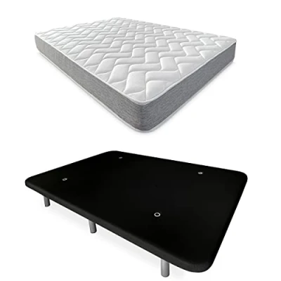 Imagen de DUÉRMETE ONLINE Cama Completa con Colchón Viscotec Reversible + Base Tapizada Reforzada Color Negro 6 Patas Metálicas Roscadas, 135 x 190