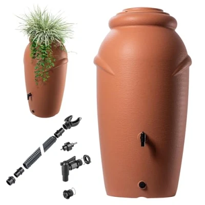 Imagen de KADAX Tanque de lluvia plástico 210 L, depósito agua con grifo, maceta y tapa, decorativo, barril a prueba heladas