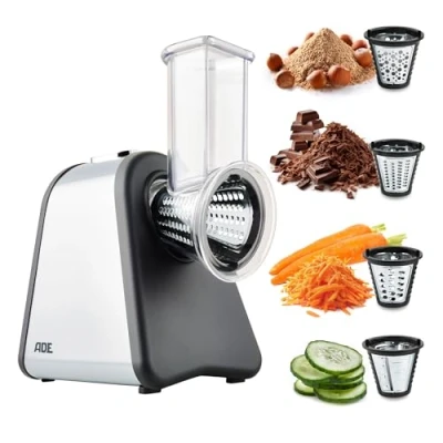 Imagen de ADE Cortador de verduras eléctrico Rallador para fruta, zanahorias, pepino, manzanas, nueces 4 insertos extra afilados queso 200 a 500 W