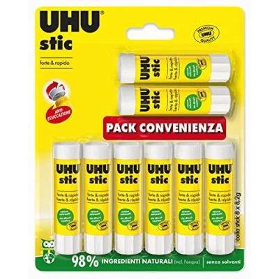 Imagen de UHU Pegamento adhesivo 8 x 8,2 g para niños, seguro de usar manualidades, adecuado la escuela, oficina, universidad