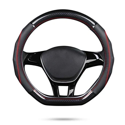 Imagen de Ergocar Funda Volante de Coche Antideslizante Protector Forma D Fibra Carbono &amp; Piel Vaca Primera Capa para Diámetro 38cm (15 &quot;) (D Negro Rojo)