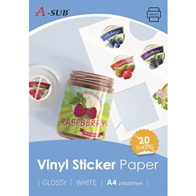 Imagen de A SUB Papel adhesivo de vinilo imprimible, resistente al agua, brillante, blanco, etiquetas autoadhesivas para impresoras inyección tinta, tamaño A4, 20 hojas
