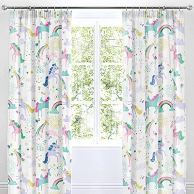 Imagen de Bedlam Rainbow Unicorn Pair of Pencil Pleat Curtains, Multicolour, 66&quot; Width x 72&quot; Drop (168 183cm)