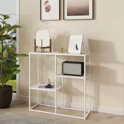 Imagen de [en.casa] Mueble de Entrada Atemporal Mesa Consola Versátil Recibidor con 2 Estantes Inferiores Diferentes Alturas Acero 80 x 26 cm Blanco Mate