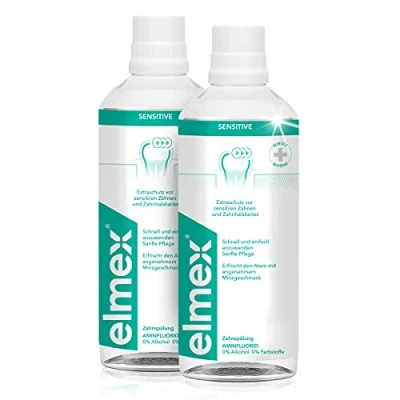 Imagen de elmex Enjuague bucal Sensitive 2 x 400 ml para una protección adicional contra los dientes sensibles al dolor y la caries del cuello limpieza diaria sin alcohol con sabor a