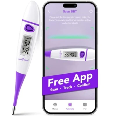 Imagen de Termómetro Basal de Fertilidad Easy@Home：Termómetro Digital Oral para Medir Tempertura Corporal &amp; Predecir su Ovulación Monitor Ventana Fértil con la APP Premom Español (Púrpura)
