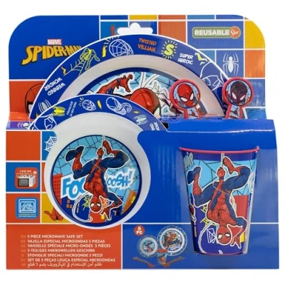 Imagen de Set vajilla infantil reutilizable apta para microondas compuesto por vaso, plato, cuenco y cubiertos de Spiderman
