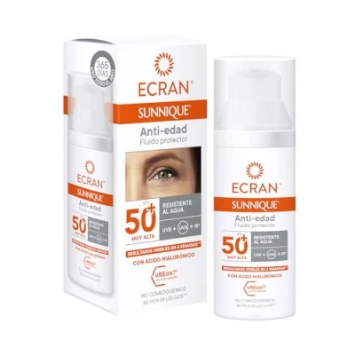Imagen de Ecran Sunnique Fluido Facial Solar Anti edad FPS 50+, con Ácido Hialurónico, Protección UVB + UVA e IR A, Arrugas y Manchas, Fórmula VitEox 80, Para Cara Escote 50 ml