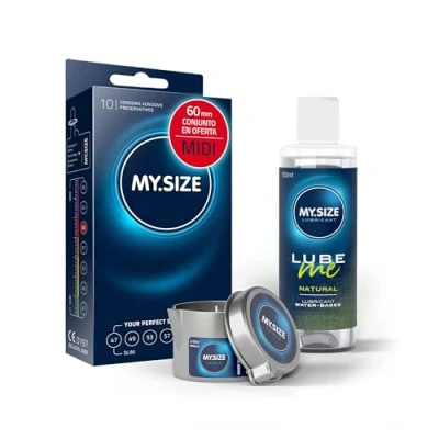 Imagen de paquete de ahorro MY.SIZE con preservativos 60 mm, 10 + lubricante natural 100 ml vela masaje