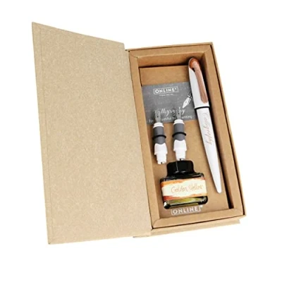 Imagen de ONLINE juego de caligrafía Air White Rose con convertidor plumas anchas en diferentes grosores trazo y tintas doradas, rellenos escritura caja regalo