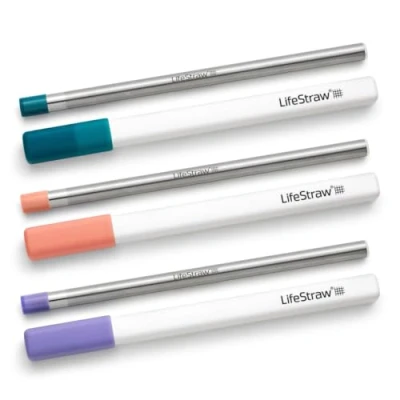 Imagen de LifeStraw Sip 3 Pack, Pajitas Filtrantes Reutilizables de Acero Inoxidable con estuches, Elimina microplásticos, bacterias y parásitos para viajes uso diario