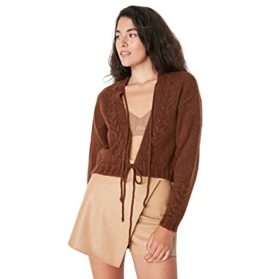 Imagen de Trendyol Cárdigan de Punto estándar con Cuello en V para Mujer Suéter, marrón, L