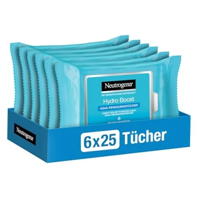 Imagen de Neutrogena toallitas desmaquillantes Hydro Boost, limpiadoras Aqua con ácido hialurónico, desmaquillantes, 6 x 25 piezas