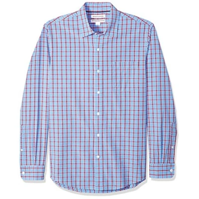 Imagen de Amazon Essentials Camisa de Popelín Manga Larga y Ajuste Entallado Hombre, Azul Cuadros Escoceses/Rojo, S