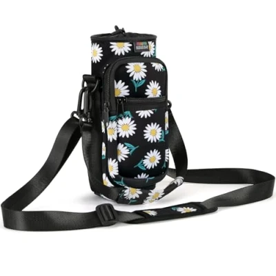 Imagen de Nuovoware Bolsa Porta Botella de Agua, 750ml, Correa Mano Ajustable para Hombro, 2 Bolsillos, Funda Neopreno, Accesorios Deportivos Senderismo, Viajes, Margarita Negra