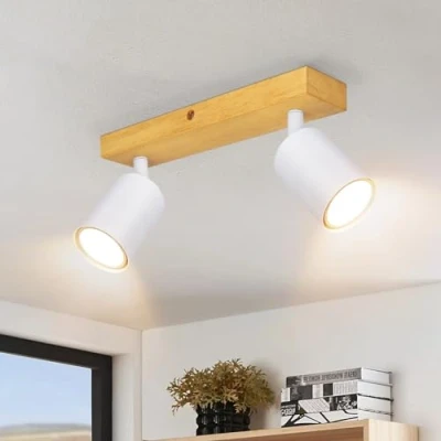 Imagen de Ketom GU10 Lámpara de Techo con 2 Focos Blanco, Madera Ajustables y Giratorios para Interiores, Sin Bombilla