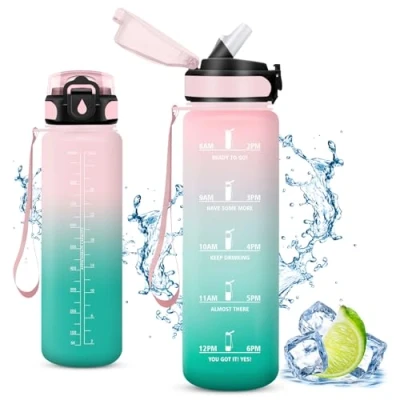 Imagen de Vikaster Botella Agua, Botellas Agua Niños sin BPA, 1l con Pajita, a Prueba de Fugas, Fácil Abrir, Reutilizable, Running, Niños, Bicicleta