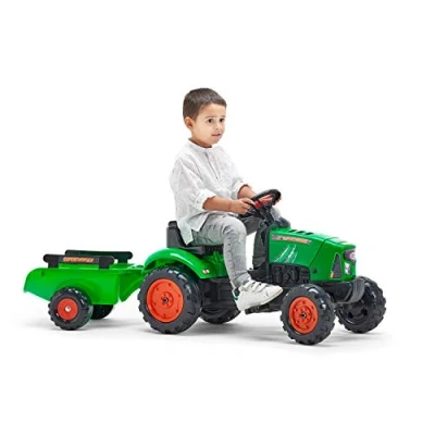Imagen de FALK Tractor de Pedales Supercharger Rojo con capó abatible y Remolque sobrealimentador Partir 2 años Fabricado en Francia Volante direccional bocina 2031AB, Multicolor, Small (2031AB)