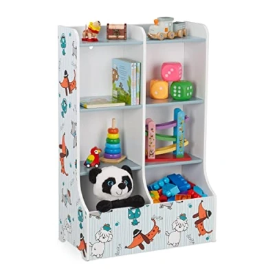 Imagen de Relaxdays Estantería Infantil, 90x59x30 cm, Organizador Juguetes 8 Baldas, Librería Niños, Estampados Perros, Multicolor, Tablero de Fibras