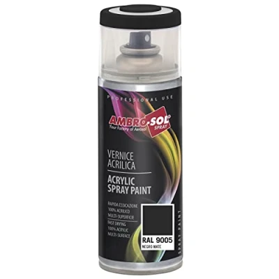 Imagen de AMBRO SOL Pintura acrílica en spray, color Negro Mate, RAL 9005, resultado profesional múltiples superficies, exteriores e interiores, 400 ml