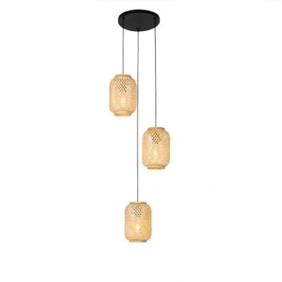 Imagen de Qazqa oriental Lámpara colgante bambú 3 luces Yvonne Bambú/Acero Redonda Adecuado para LED Max. x 25 Watt