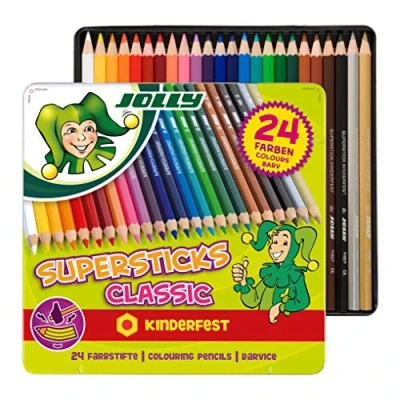Imagen de JOLLY Superstick lápices de colores para niños set 24 en estuche metálico 3D, forma hexagonal lápiz color, mina 3,8 mm grosor, material escolar y accesorios