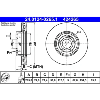 Imagen de ATE 24.0124 0265.1 Disco de freno 295,0 24,0 5 112,0 ventilado revestido altamente carbonizado con tornillos MERCEDES BENZ: Clase A, B