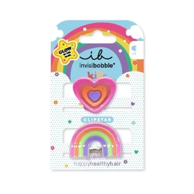 Imagen de invisibobble Clip Star Glow Kids Happy Hearts 2 pinzas luminosas para el pelo niños, diseño de arco iris y corazón, antideslizantes cabello un sano, perfectas