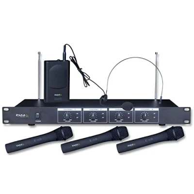 Imagen de Ibiza VHF4 Sistema de microfonía inalámbrica con 3 micrófonos Mano VHF, 1 micrófono Diadema VHF y Receptor 4 Canales 202.1, 203.5, 205.8 &amp; 207.5MHz Negro