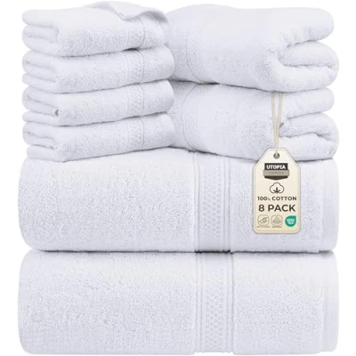 Imagen de Utopia Towels Juego de Toallas Premium 8 Piezas, 2 baño, Mano y 4 toallitas Algodón Calidad del Hotel, súper Suave Altamente Absorbente (Blanco)