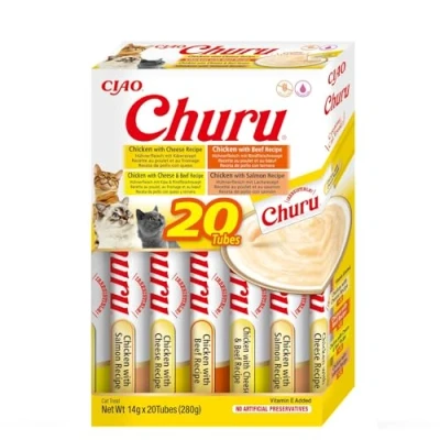 Imagen de INABA Churu Puré de Gato con 4 Sabores a Carne y Pollo Deliciosos Snacks para Textura Suave Cremosa Comida 20 Tubos x 14g