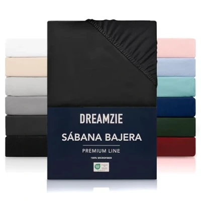 Imagen de Dreamzie Sabanas 90x200 cm Grandes Solapas de hasta 33 100% Microfibra Negro Certificada sin Productos Químicos (Oeko Tex), bajeras Completamente Elásticas