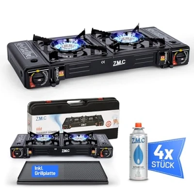 Imagen de ZMC Hornillo de gas para camping (2 focos, 4 cartuchos 227 g y placa parrilla, 2,5 kW, incluye adaptador conexión LPG + maletín almacenamiento, set cocina con