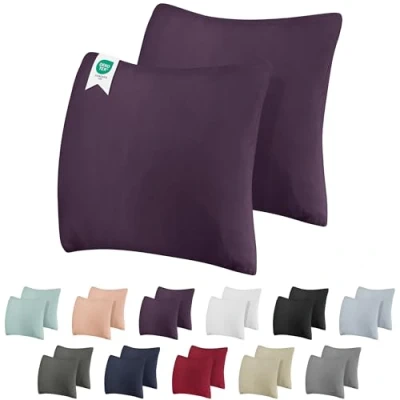 Imagen de Barbons Funda de Almohada 80x80 Berenjena Juego 2 100% Algodón Jersey, Cojin para Cama Protector 80 x cm