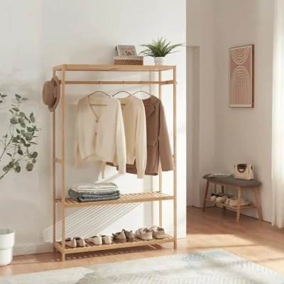 Imagen de [en.casa] Perchero Burro con 1 Barra 2 Estantes Inferiores para Zapatos Camisetas Estante Superior Ganchos Sombreros Vestidor Bambú 165 x 100 35 cm Natural