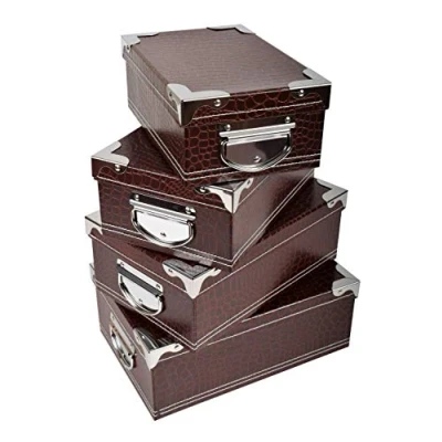 Imagen de 2J Juego de 4 Cajas cartón marrón con Tapa ángulos y Asas metálicas. Tamaños: 23x15x9,25x16.5x10,27x18x10.5,29x20x11cm