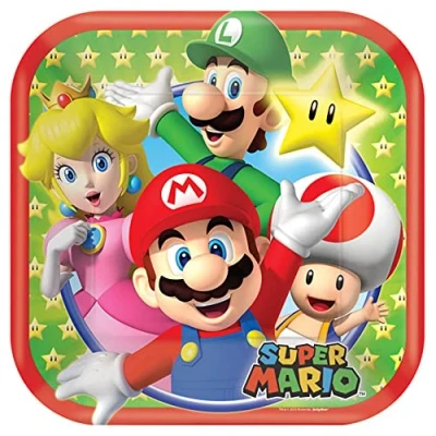 Imagen de Amscan Platos Cuadrados de Papel con Tema Super Mario, 18 cm, 8 Unidades. (541554)
