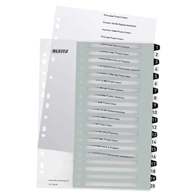 Imagen de Leitz Índice 1 20, Imprimible con Ordenador, A4, Extra Ancho, Plástico Rígido, Blanco/Negro, Gama WOW, 12170000