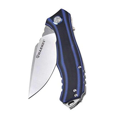 Imagen de Harnds Maverick Cuchillo plegable con Flipper Assist, 88mm hoja de acero D2 mango G10 antideslizante y clip extraíble bloqueo la (Azul+Negro+Satén)