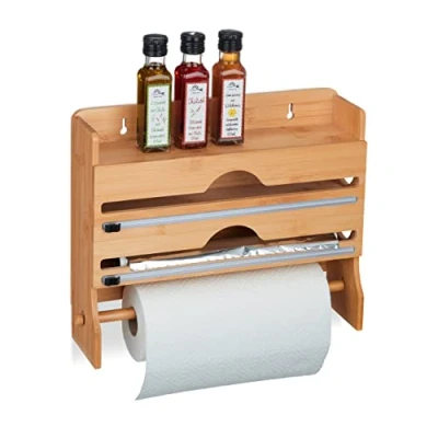 Imagen de Relaxdays Portarrollos de Pared 3 en 1, para Papel Aluminio, Film y Rollo Cocina, Bambú, 31x39,5x11 cm, Natural, 31 x 39,5 11 cm