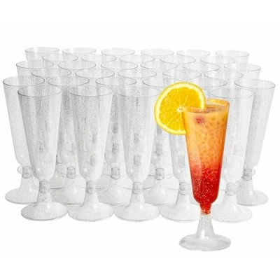 Imagen de MATANA 50 Copas de Champán Plástico con Brillo Plateado, 150ml Flautas Elegante, Resistente y Reutilizable Bodas, Cumpleaños, Navidad, Barbacoas Fiestas