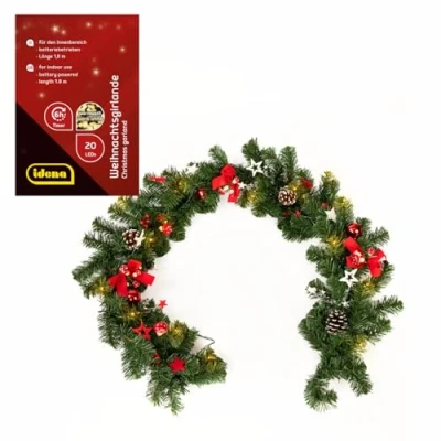 Imagen de Idena 30547 Guirnalda de abetos LED con 20 en blanco cálido, aprox. 1,8 m largo, temporizador 6 horas, funciona pilas, decoración interior, Adviento y Navidad