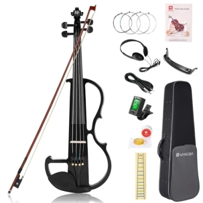 Imagen de Vangoa Violín Electrico 4/4 Tamaño Completo Silencioso para Principiante Madera Maciza Kit de Violin, Negro