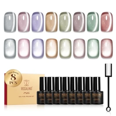 Imagen de ROSALIND Esmaltes Semipermanentes Ojo de Gato, 8 Colores Cristal Jelly Blanco Rosa Violeta Marrón Verde Transparente Pintauñas Magnético,UV/LED Mini Esmalte Uñas Cat Eye