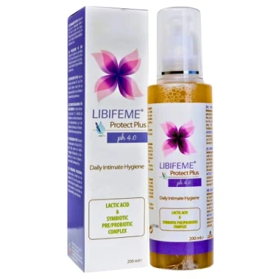 Imagen de LIBIFEME PROTECT PLUS Gel de Higiene intima Diario PH 4.0 Acido Láctico + Aloe Vera Complejo Pre y Probiotico Limpia e hidrata la piel zona mujer 200 ml
