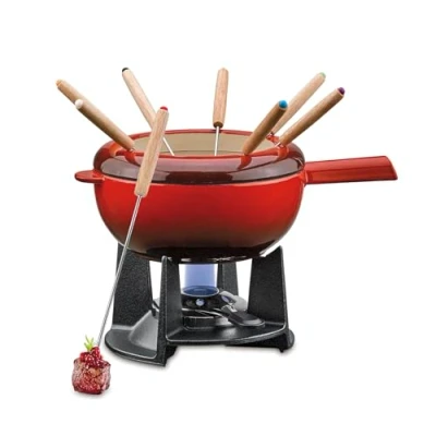 Imagen de Spring Juego de fondue hierro fundido rojo, 20 cm diámetro, con 8 tenedores y protección contra salpicaduras, para queso, carne, quemador refugio